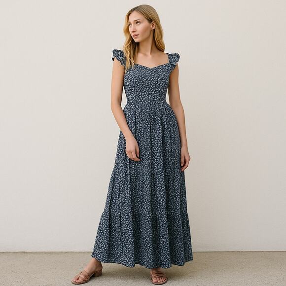 Pink Lily Navy Blue Ditzy floral smocked Maxi Dress size L - Picture 1 of 6